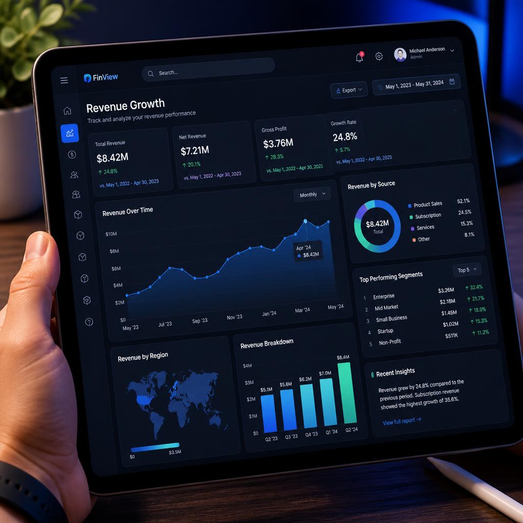 digital tablet showing a revenue growth dashboard with interactive tools and financial analytics